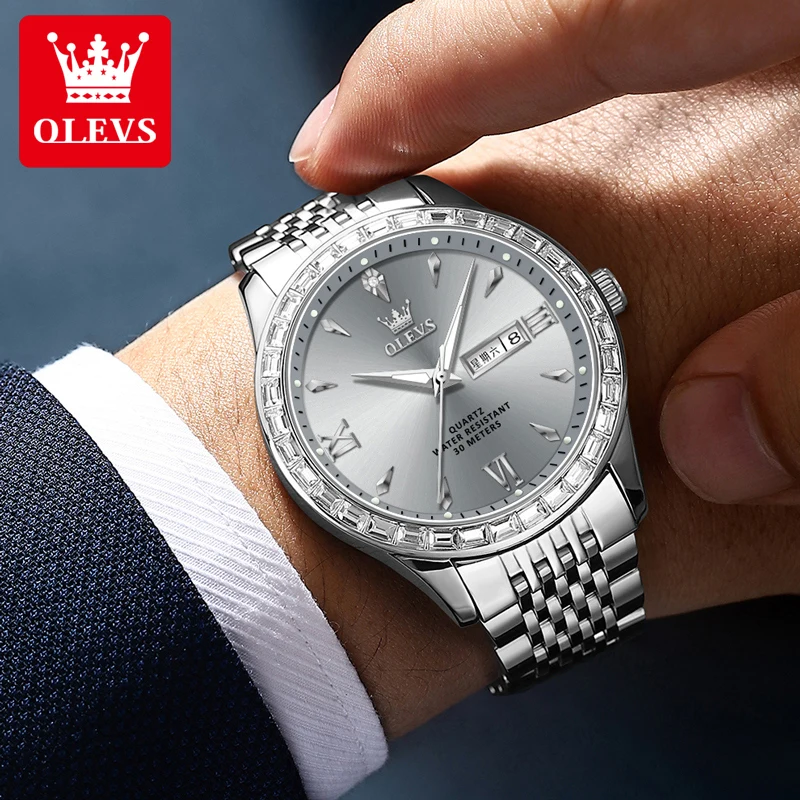 OLEVS 9922 Men Watch Luxury Brand Diamond Quartz Watch Original Dual Calendar Formal Business Waterproof HD Luminous Men Watch