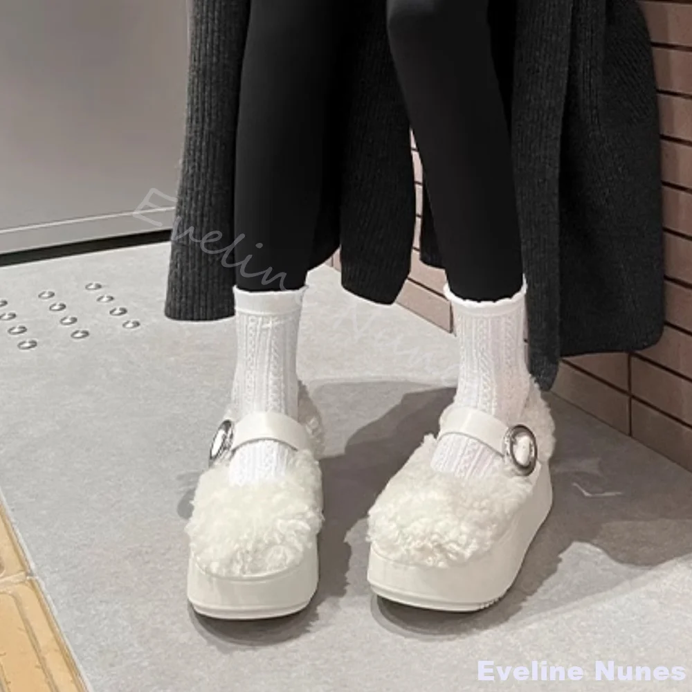 سميكة سوليد امبسوول الصوف الدافئة ماري جين أحذية النساء جولة تو جوفاء كلمة واحدة حزام فروي أحذية جديدة بيضاء عدم الانزلاق لطيف الأحذية