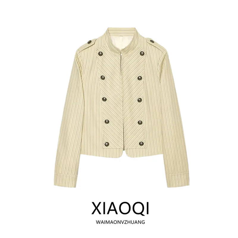 Summer 2026 New Navy Stripe Double-Breasted Jacket Women's Commute Style Outerwear Shoulder-Length Design Fashionable Women's...