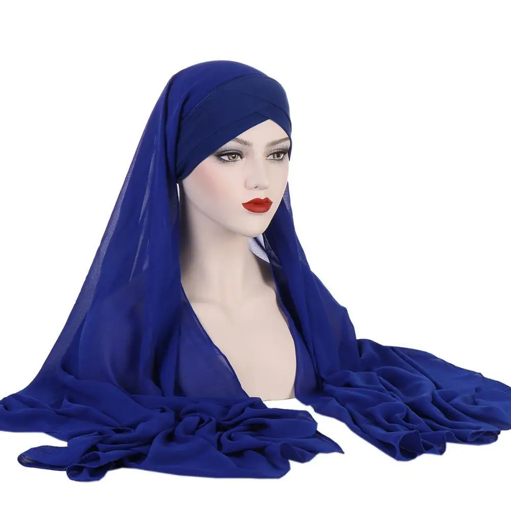 Conjunto de hijab chiffon para mulheres, lenço sólido com chapéu interno, respirável, azul, café, branco, moda, primavera e outono