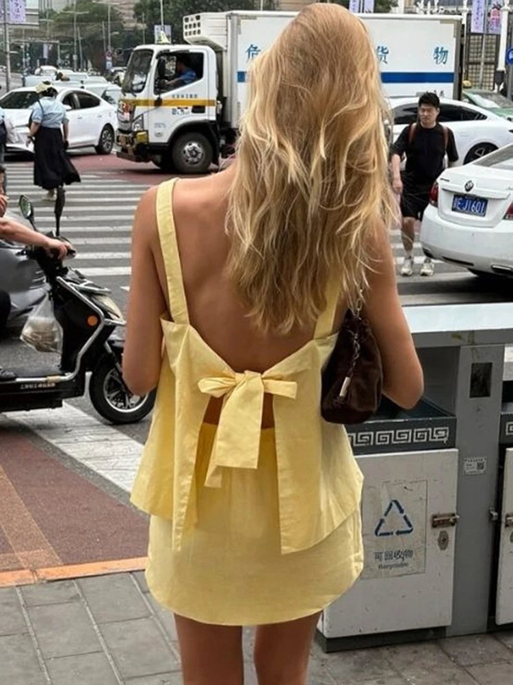 Tuularose Summer Skirt 2-Piece Set Sexy Bow Lace-up Strappy Backless Top Solid Skirt Set Casual Vacation 2026 Women's Dress Sets