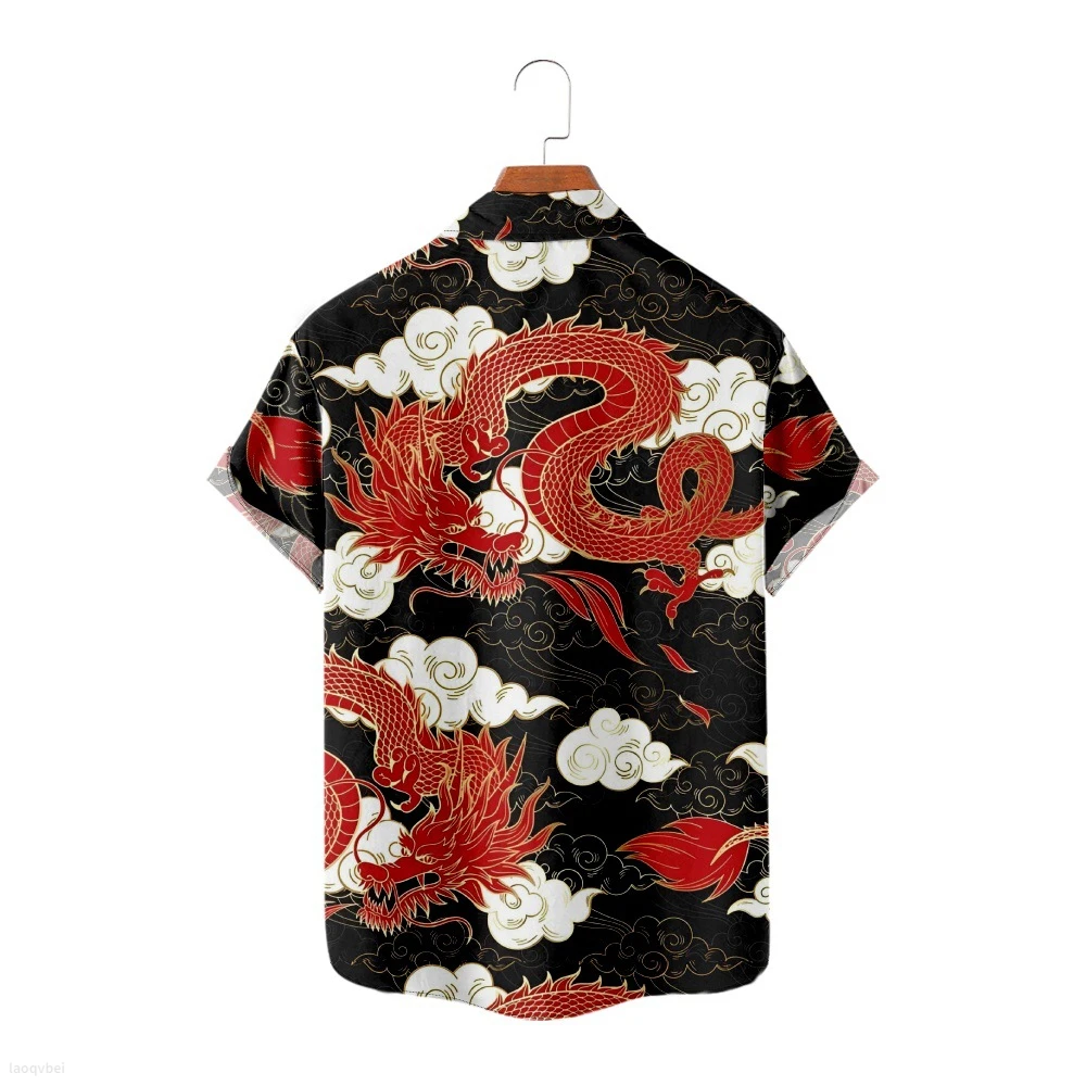 2023 Anime Dragon Print Loose Short Sleeve Shirt Men\'s Hawaiian Shirt Beach Oversized Blouses Tops