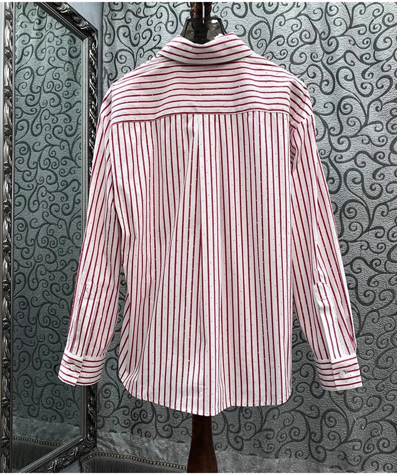 New 2024 Autumn Fashion Shirts High Quality Ladies Turn-down Collar Big Pocket Patchwork Striped Print Beading Long Sleeve Shirt