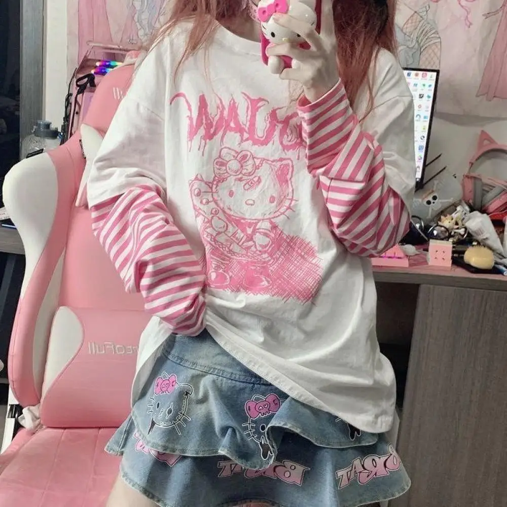 

Hello Kitty 100% Cotton Anime T-Shirt Sanrioed Kawaii Fake Two Long Sleeve Y2K Harajuku Leisure Loose Street Girl Student Trend