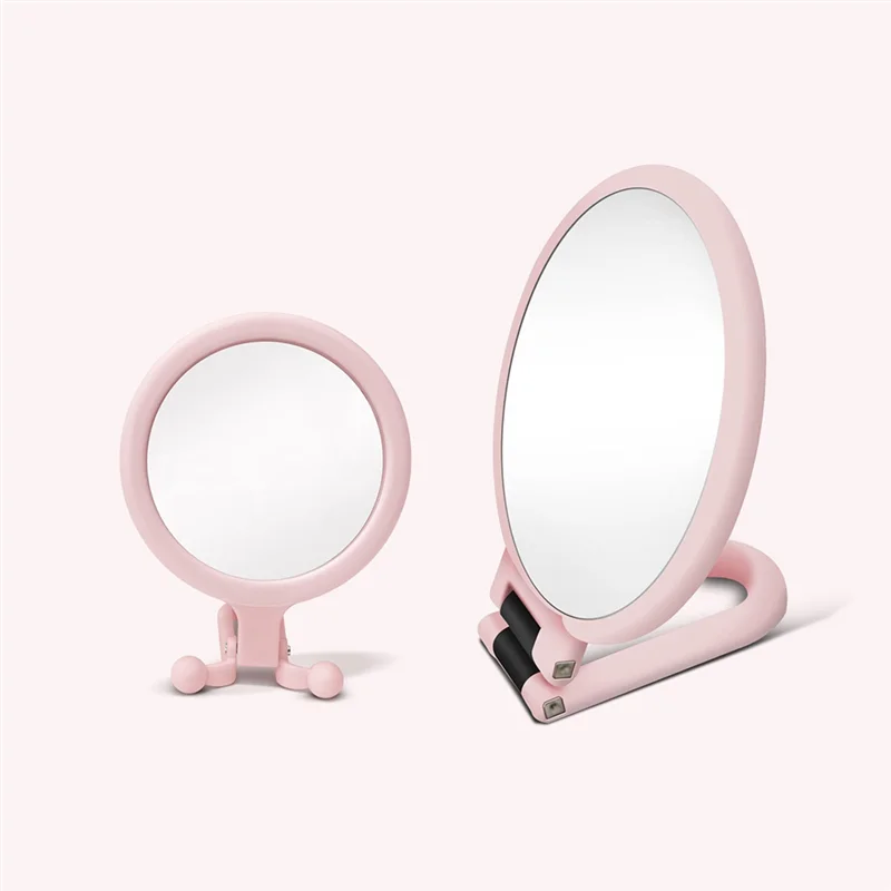 B89B-10X Handheld Magnifier, Double Sided Folding Makeup Mirror, Portable Handheld Mirror With Adjustable Handle(Pink)