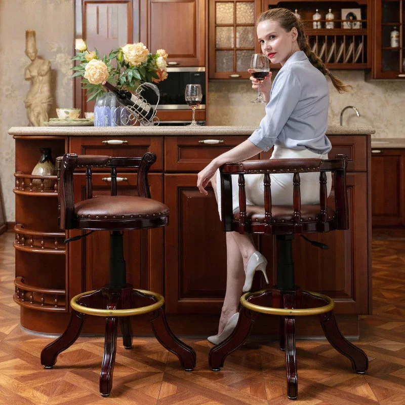 

American Style Genuine Leather Retro Swivel Bar Chair, Bar Elevator High Chair, European Style Solid Wood Backed Chair For Home