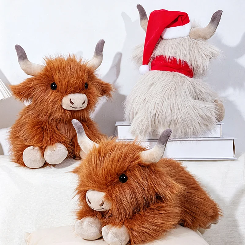 Cute Highland Cow Plush Toy with Christmas Hat Scarf Soft Fluffy Animal, Sitting Lying Cow Stuffed Doll Gift for Kids Home Decor