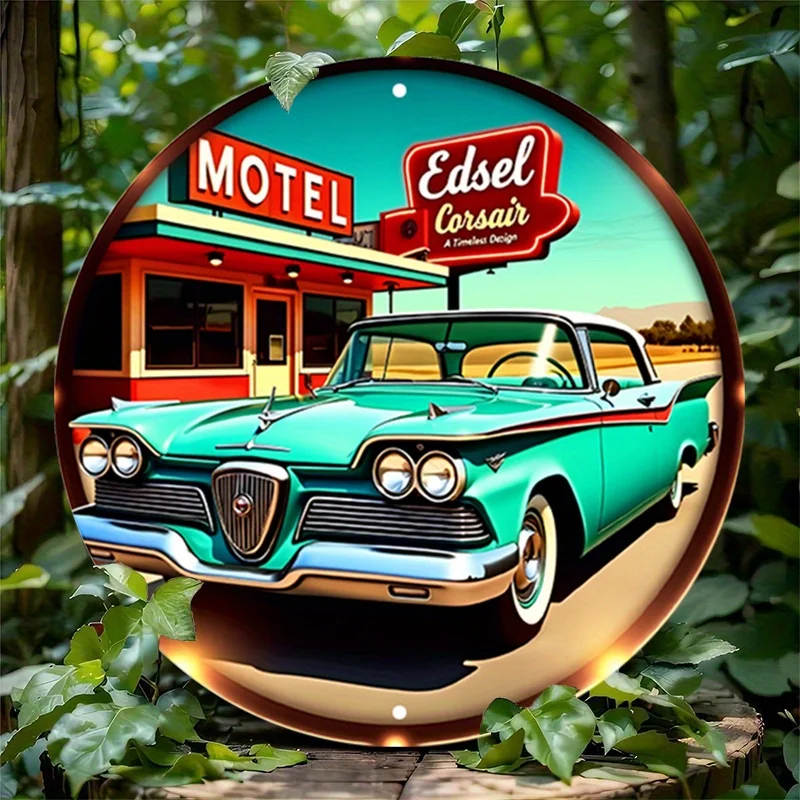 1 Stück Retro-Holzschild – Edsel-Piratenschiff und Motel-Retro-Szene aus den 1950er Jahren, Retro-Bar- und Raumdekoration, kreisförmiges Holzschild