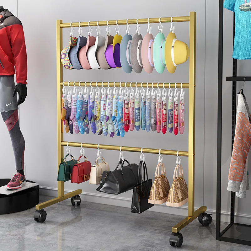 Clothing Store Hat Storage Artifacts Multi-functional Mobile Bag Hanger Floor Socks Display Shelf Hanger Hat Rack