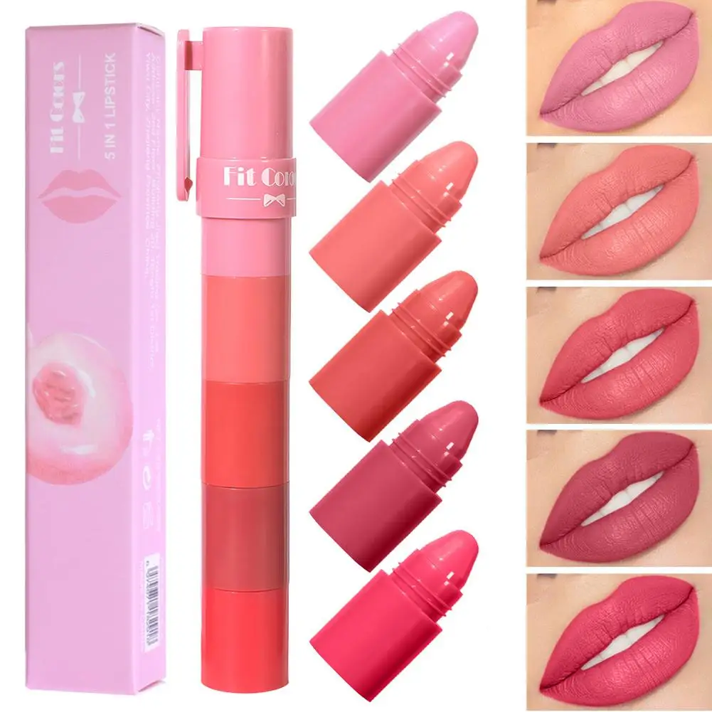 Fit สีผลไม้ห้าส่วน Velvet Matte ลิปสติก 5in1 ลิปสติกยาวนาน 1.2g * 5 แต่งหน้า K8J1