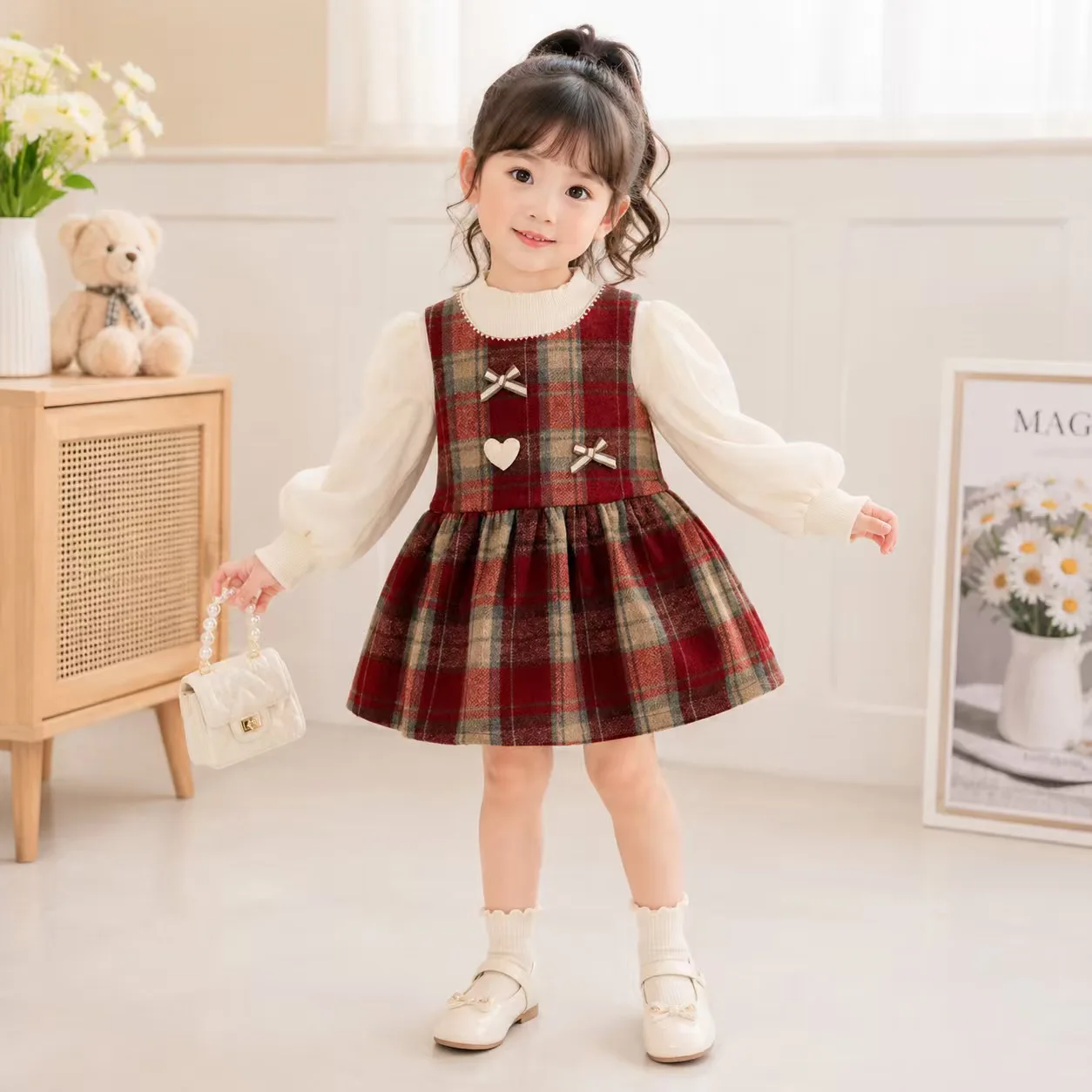 Baby Girls Kids Fall Korean Dark Plaid Girls School Style Dress Infant Princess Dress Fall Fake Two Piece Skirt