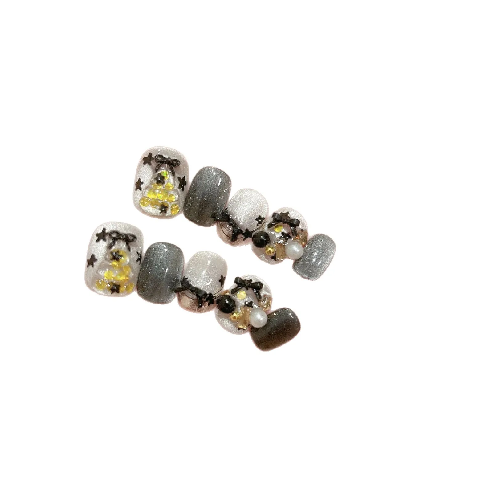 10개입 수제 프레스온 네일 크리스마스 만화 블랙 캣 아이 펄 가짜 손톱 여성&소녀용 짧은 타원형 탈부착 가능한 착용 가능한 손톱