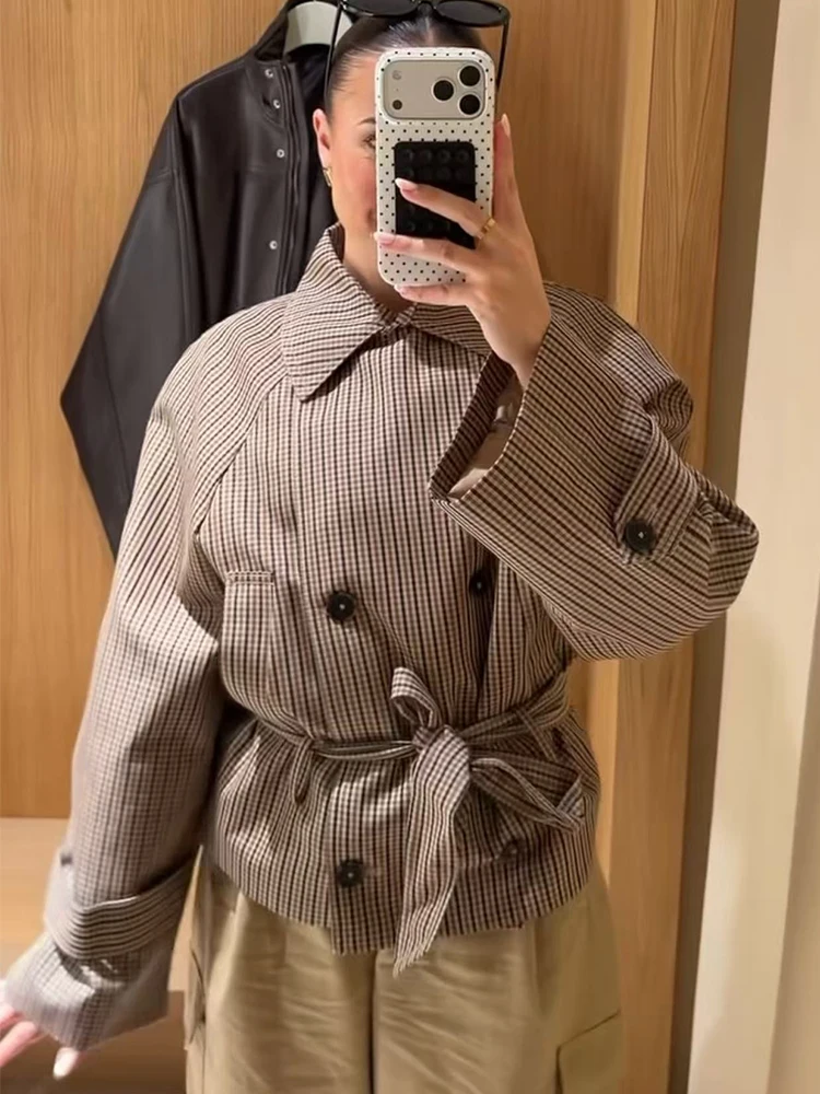 TFMLN Women's Trench Coats Double Breasted Belt Waist Cinching Plaid Cropped Jackets Vintage Chic Outerwears Autumn Female New