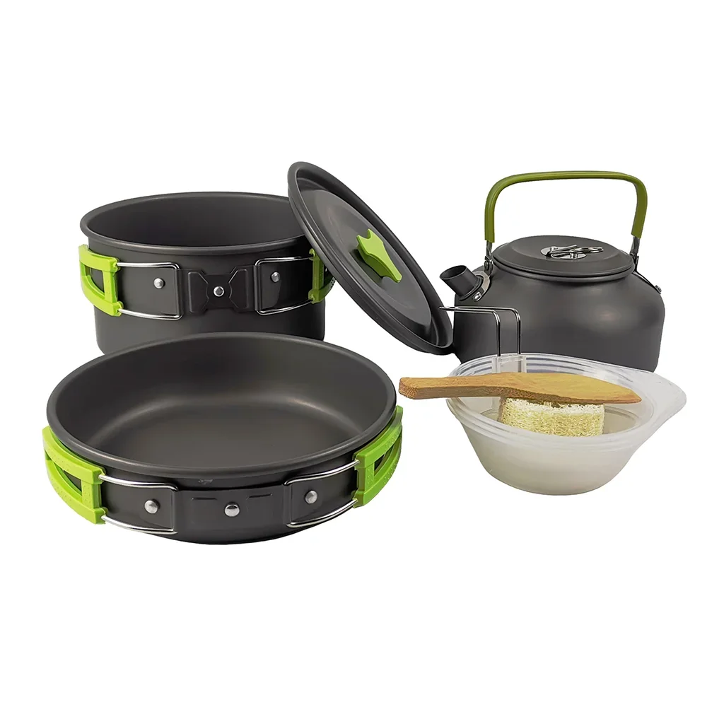 Conjunto de cozinha para acampamento ao ar livre, talheres de liga de alumínio duro, chaleira, panelas e tigelas, caminhadas e churrasco, piquenique