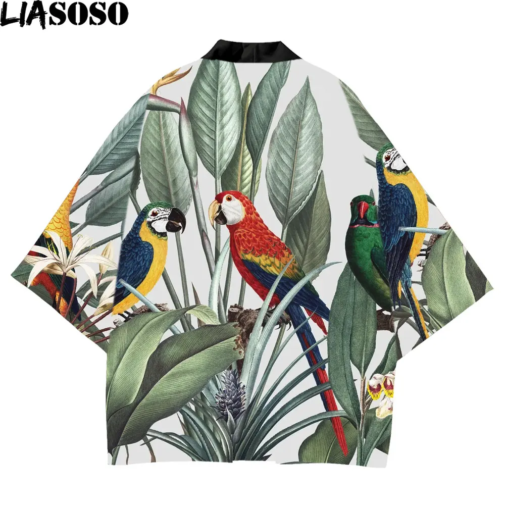 

LIASOSO Japanese Style Kimono Uomo Parrot Macaw Bird Beach Blouse Pacific Island Dress Haori Homme Samurai Cosplay Mujer Robe