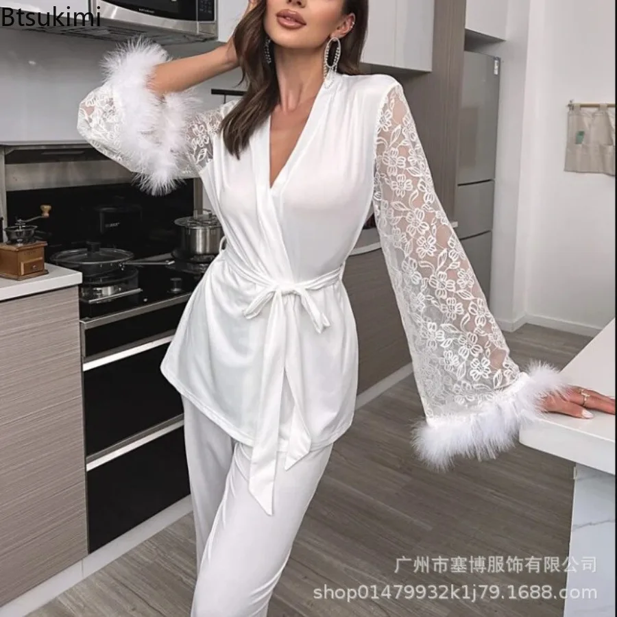 New 2026 Summer Lace Ice Silk Robes Sleepwear for Women Pajamas Smooth Soft Comfortable Casual Nightgowns Solid Color Nightdress