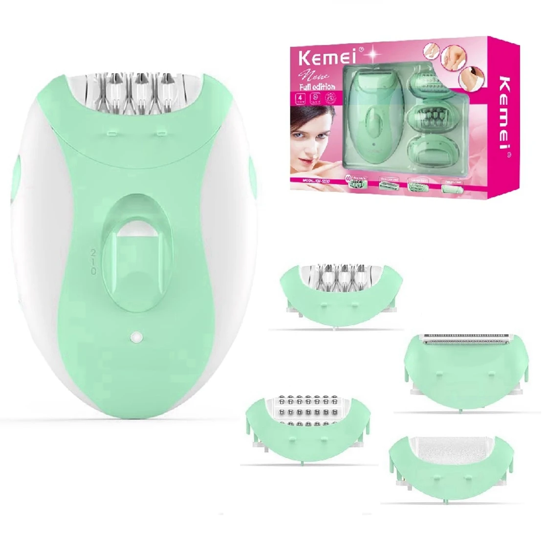 Kemei 4in1 Women Epilator Electric Shaver Facial & Body Hair Removal Lady Leg Bikini Trimmer Hair Remover Underarm Rechargeable