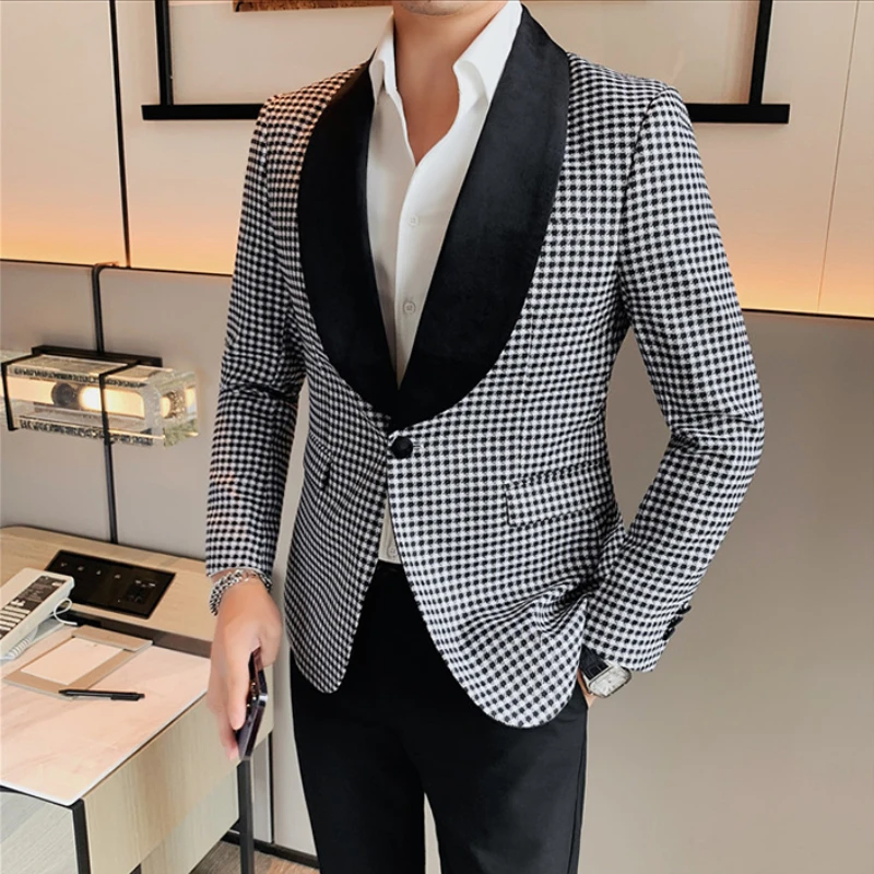 Gentleman\'s Plaid Patchwork Suit Jacket for Men Long Sleeve Slim Casual Business Blazer Masculino Party Banquet Social Jacket