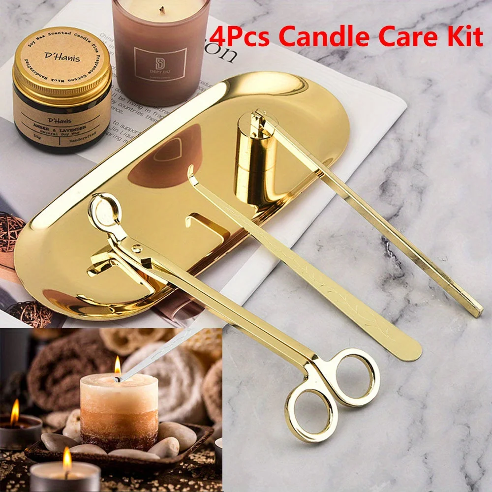 4 unids/set Kit de cuidado de velas de lujo, cortador de mechas de acero inoxidable, tijeras, ganchos para extintor, juego de accesorios para velas, herramienta para velas DIY