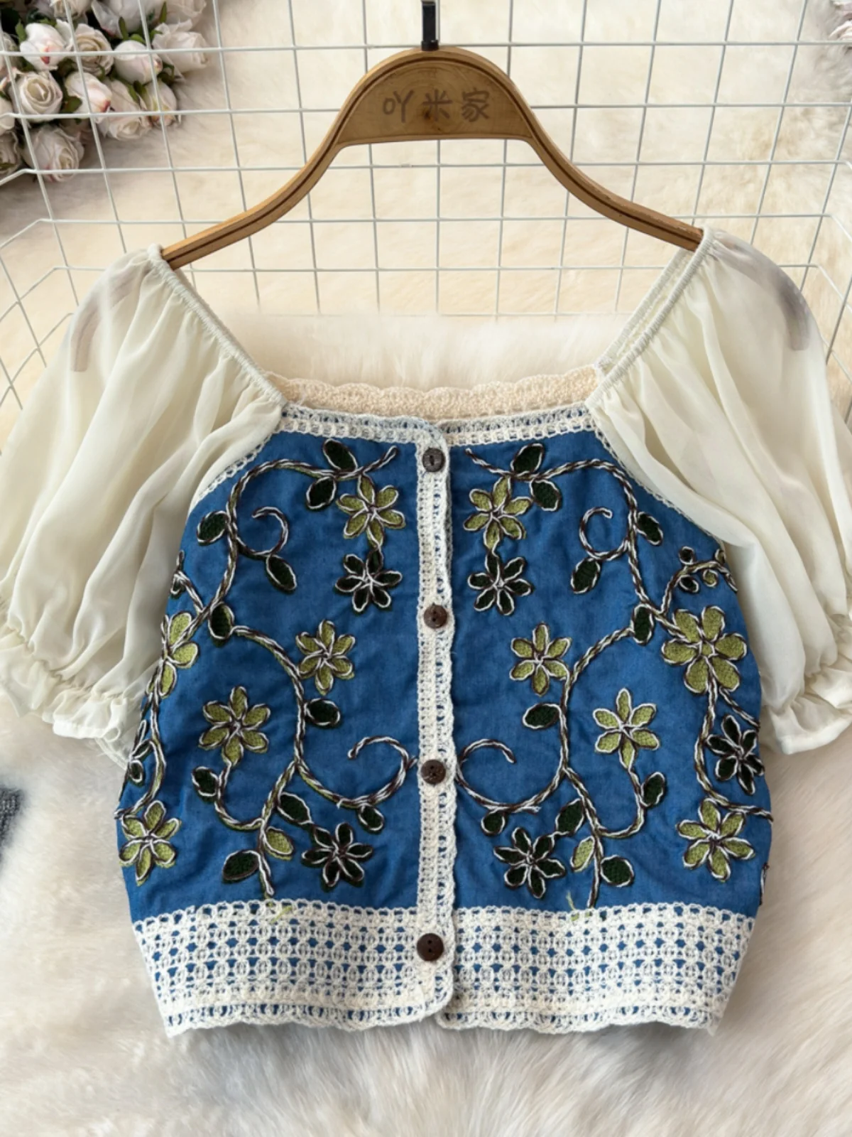 Crochet Knit Blouse for Women Square Neck Chiffon Puff Sleeve Embroidery Floral Tops Fairycore Cottagecore Spring Summer Outfit