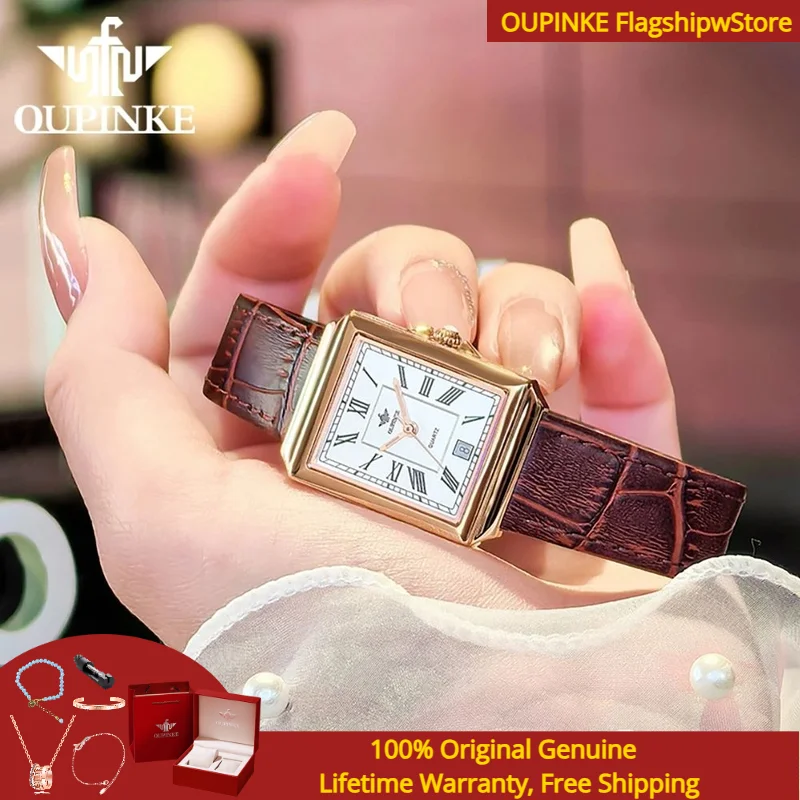 

OUPINKE 3182 Top Imported Swiss Quartz Movement Women Watch Leather Strap Simple Retro Square Design Dress Bracelet Gift Set