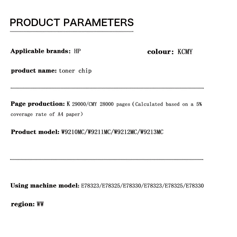 WW Version BKCMY Color Pages W9210MC/W9211MC/W9212MC/W9213MC Toner Cartridge Chip for HP MFP E78323/E78325/E78330