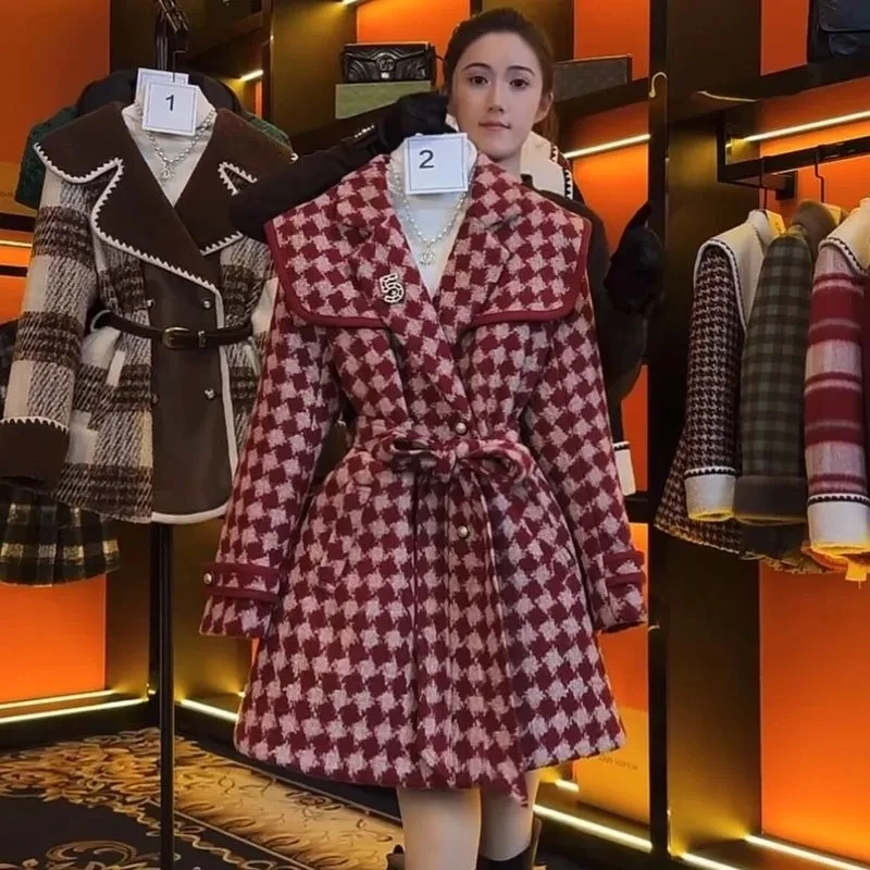 Red Korean Winter Retro Plaid Suit Woolen Coat Ladies 2024 Autumn Winter New Temperament Thicken Warm Woolen Jacket Women\'s Tops