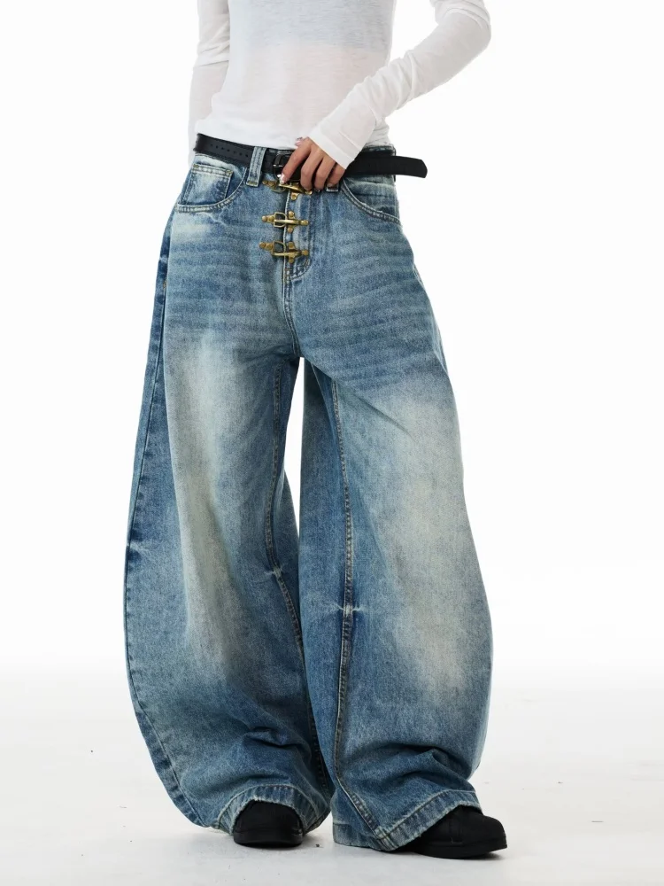 

Женские джинсы-багги в стиле ретро Y2K, с застежкой на пуговицы, синие, с эффектом потертости, широкие штанины, повседневные, 2026