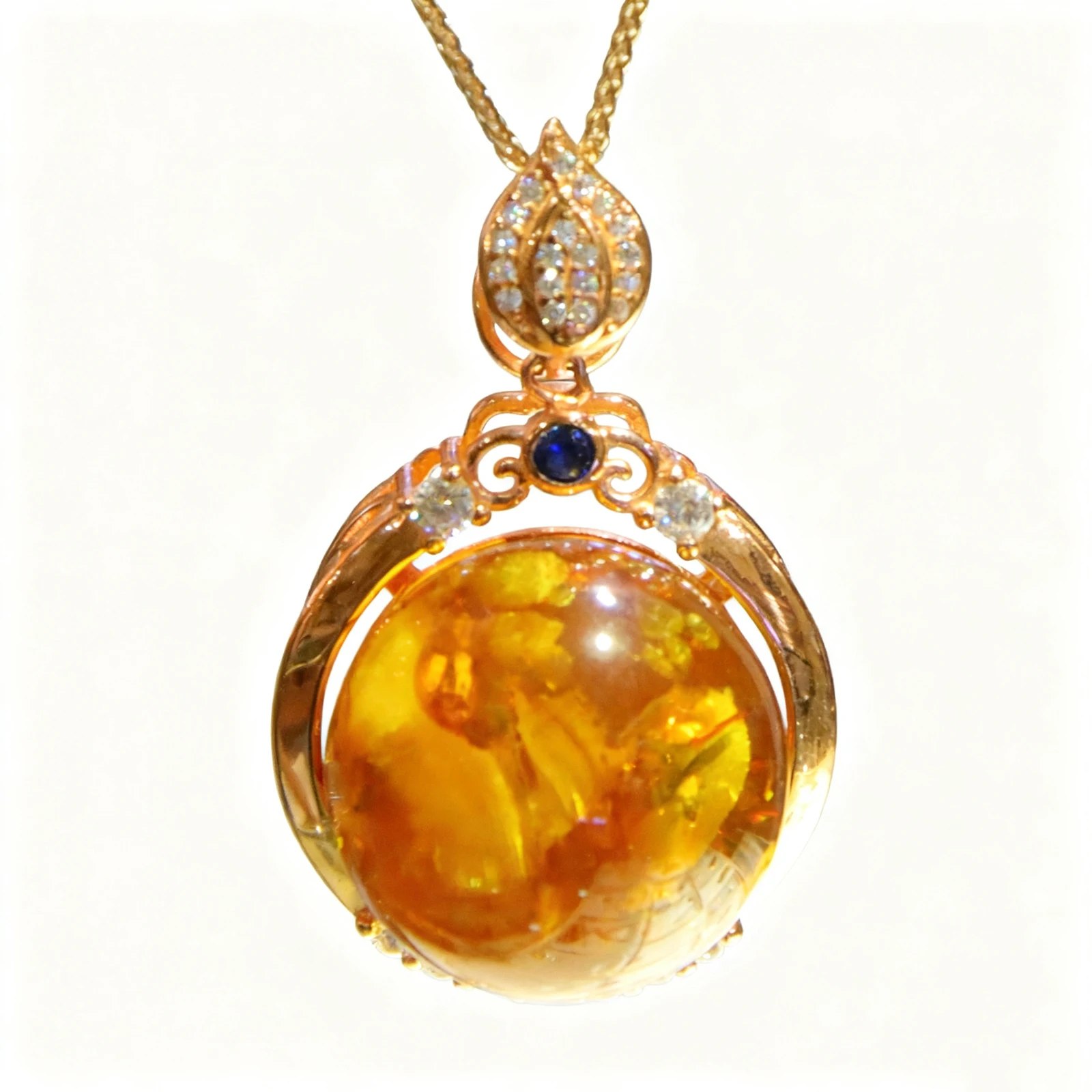 قلادة كهرمان من الفضة النقية مقاس 18 ملم مع انسدادات نباتية طبيعية مجوهرات فاخرة مخرمة ملكية عتيقة #1