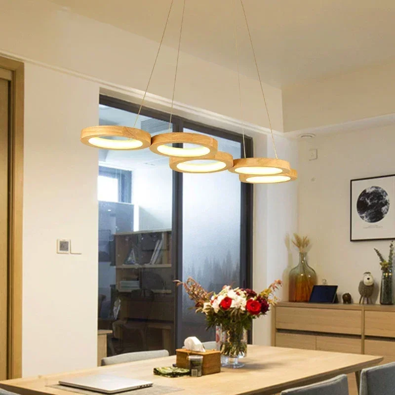 Led Solid Wood Wooden Design Chandelier Ring Pendant Light Tea House Decor Dining Living Room Bedroom Luminarias chandeliers