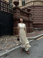 Solid Multi-layer Ruffled Maxi Dress Women Elegant Sleeveless Off-shoulder High Waist Dresses Lady New Chic Vacation Party Gowns - Image 5