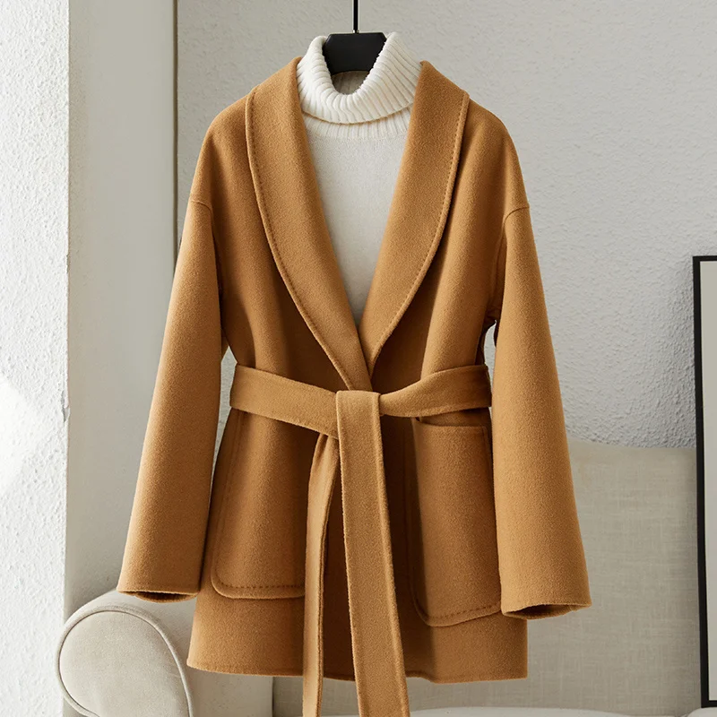 

2023 Autumn/winter New Camel Double Sided Cashmere Coat Women's Short Belt Suit Collar Woolen Coat Winter