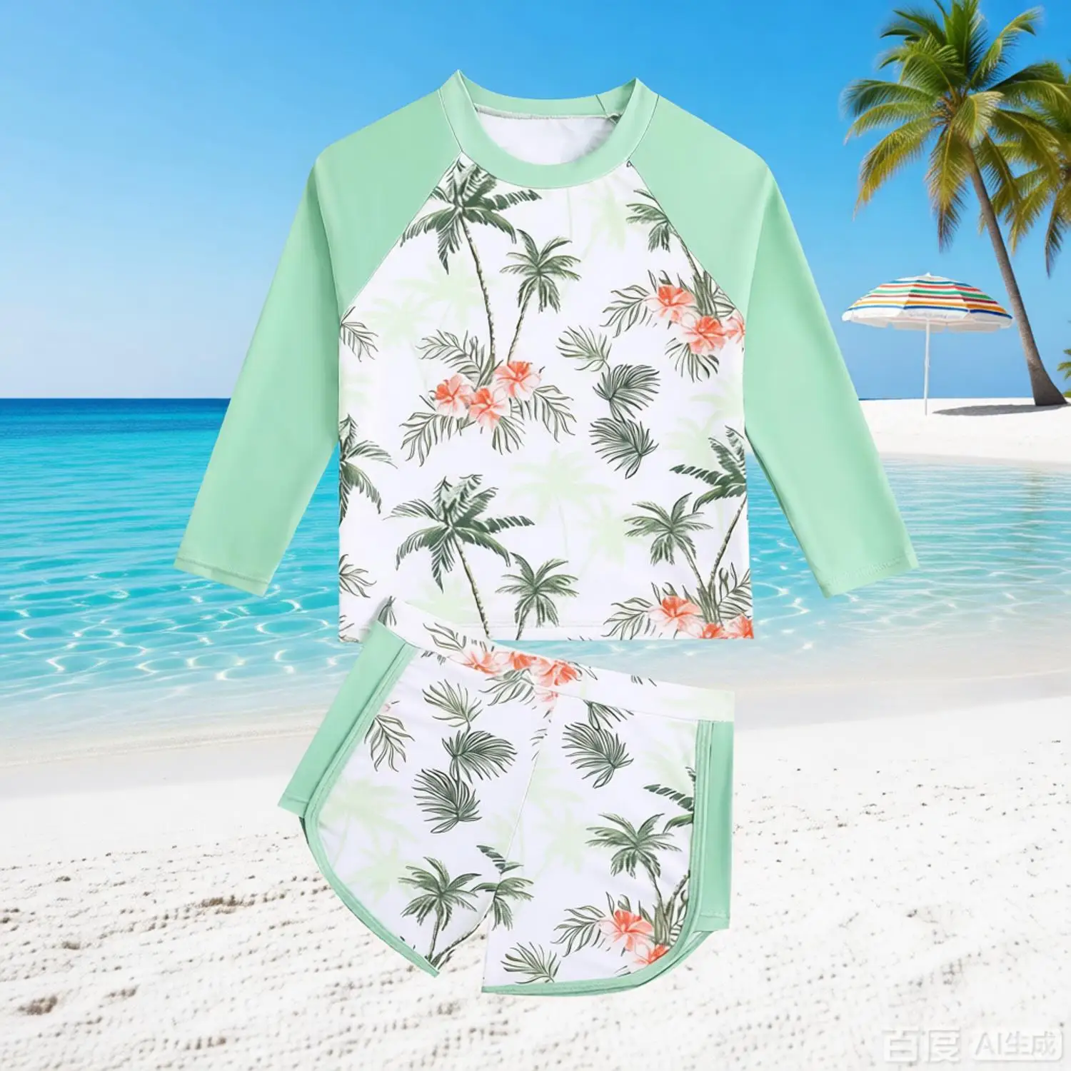 

Модный комплект из двух предметов для девочек, с принтом тропических пальм, с длинными рукавами, защита от солнца, детский пляжный купальник 3-8 лет.