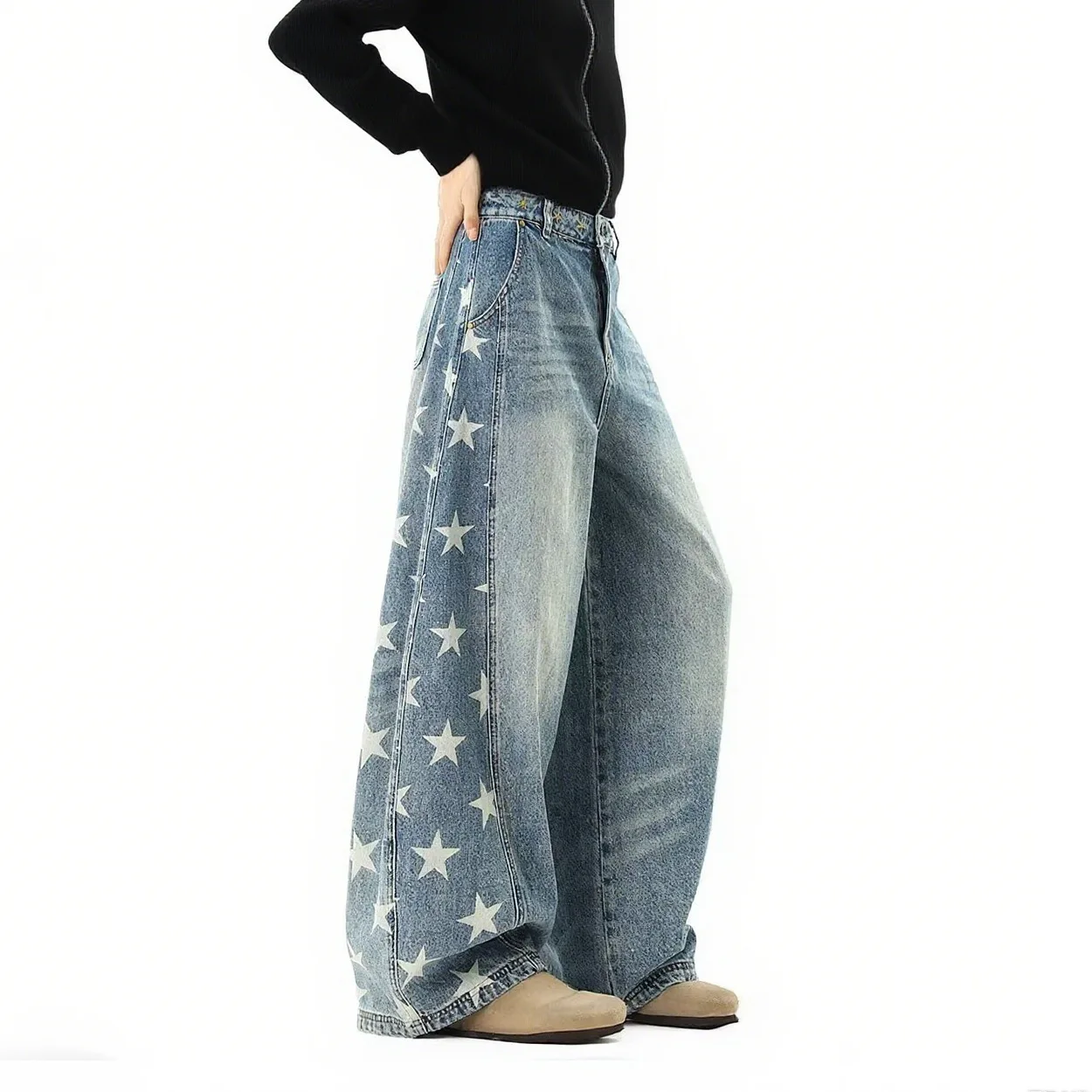 

Летние джинсы, американский модный бренд, джинсы Scimitar с пятизвездочным принтом, женские трендовые свободные широкие джинсовые брюки большого размера