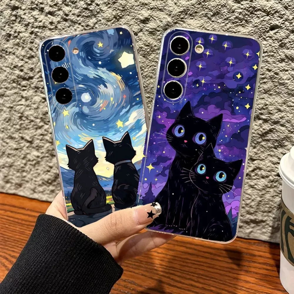 

Art Black Cat Starry Night Phone Case For Samsung S30,S23,S21,S22,S20 Ultra,S20 FE lite,S10,S9,S8 PIus Cover Transparent