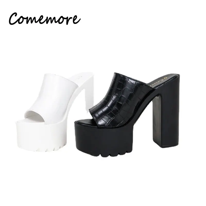 Comemore Black Slippers Platform Slides Sandals for Women Open Toe Sexy High Block Heels White Shoes Breathable Slip on Shoes 41