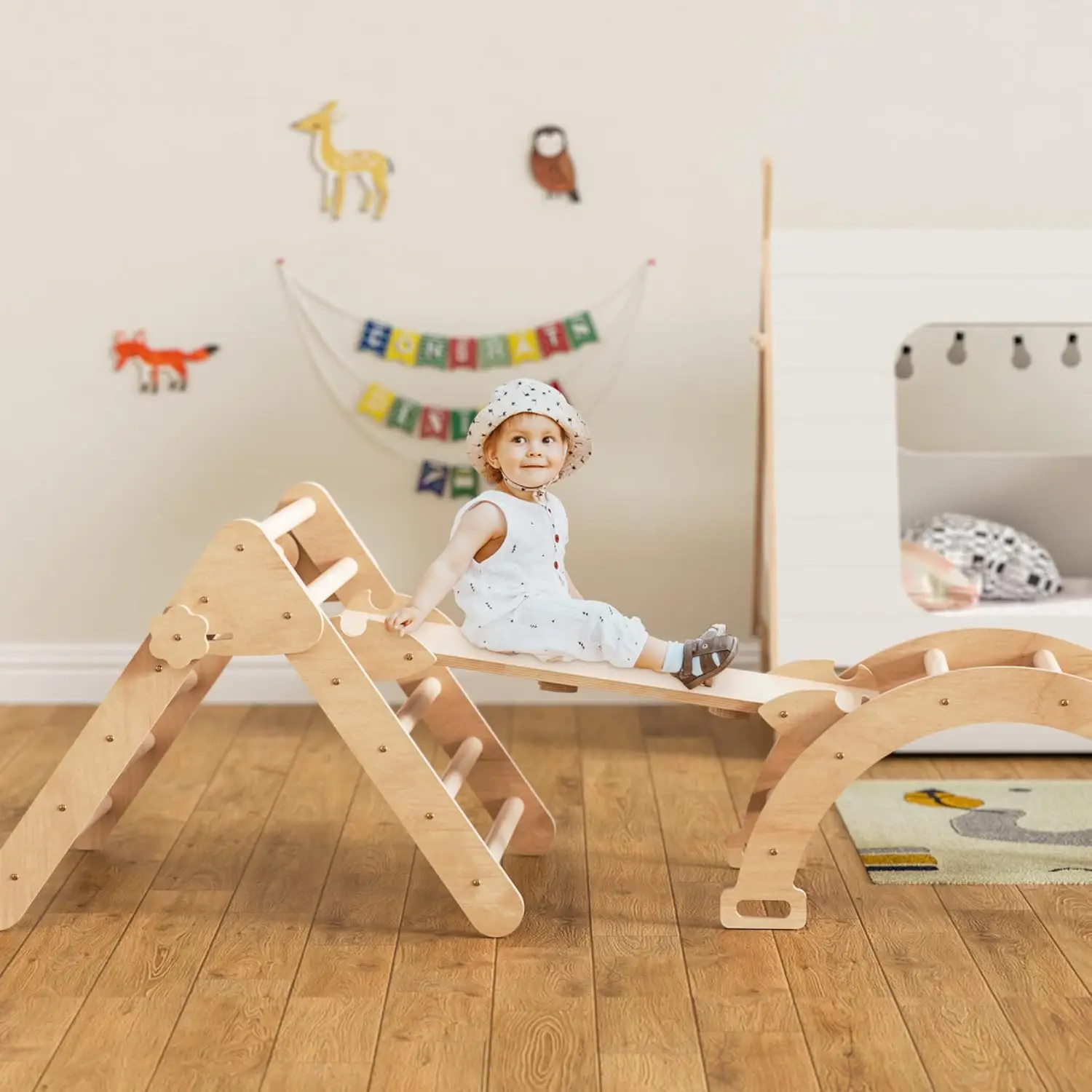 Set triangolo Pikler 5 in 1, giochi da arrampicata pieghevoli per interni, con scalatore ad arco, bilanciere, palestra nella giungla, rovere