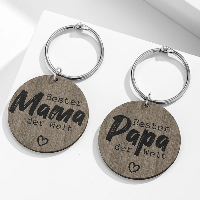 1pc Bester Mama Papa Round Wooden Keychain German Letter Car Key Bag Pendant Hanging Ornament Gifts for Mother Father Birthday