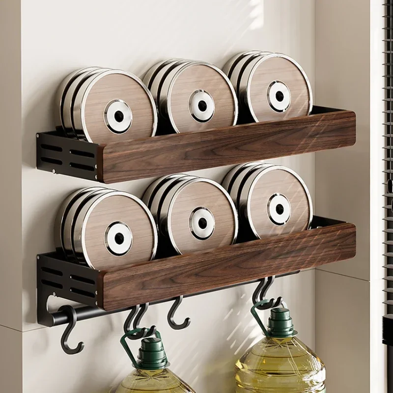 Walnut Wood Kitchen Storage Rack Wall Mounted Spice Organizer No-Drill Cloth Hanging Stand Multi-Functional Storage Shelf