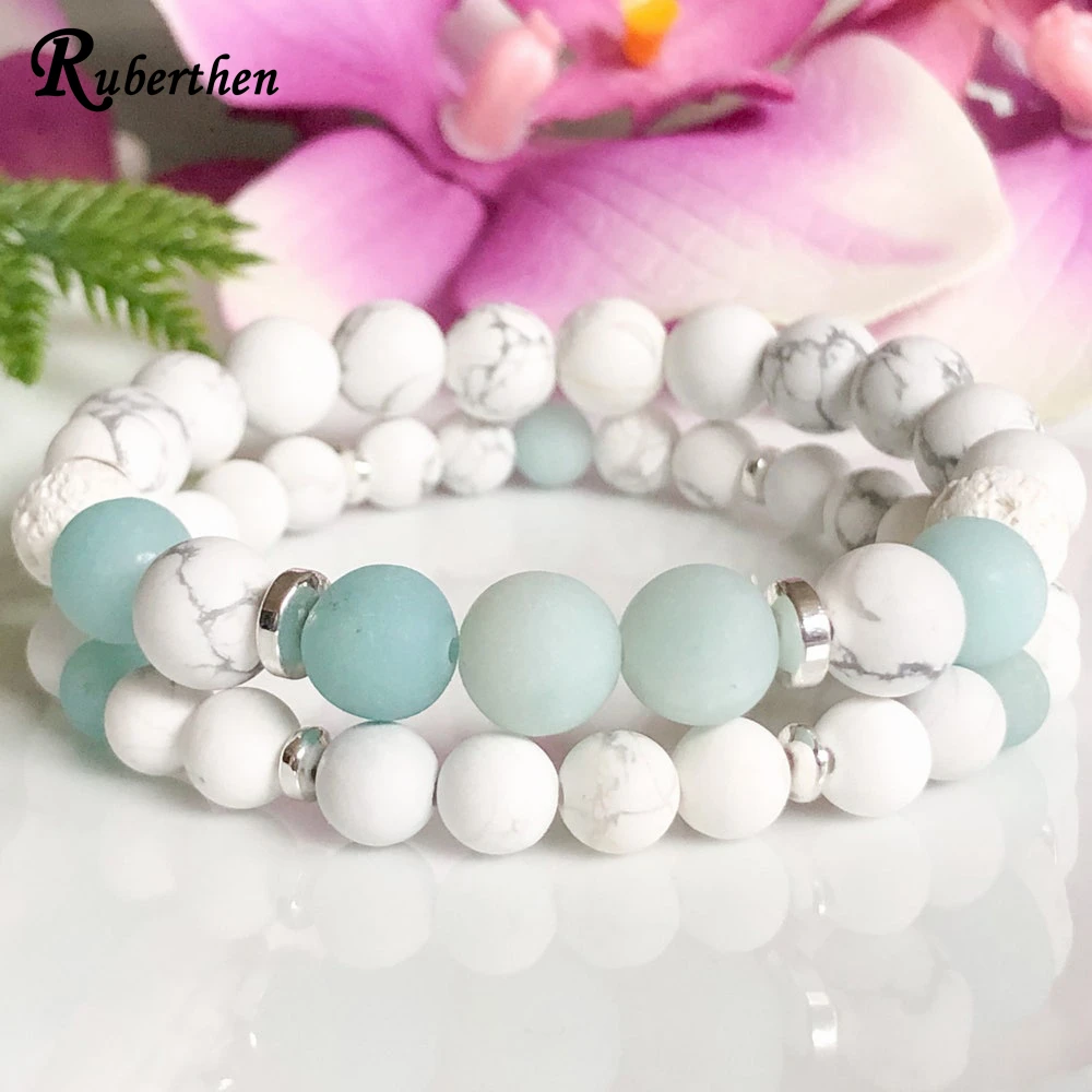 

Ruberthen Amazonite & Howlite Gemstone Bracelet Set Anxiety Relief Diffuser Bracelet Healing Crystals Lava Beaded Bracelet