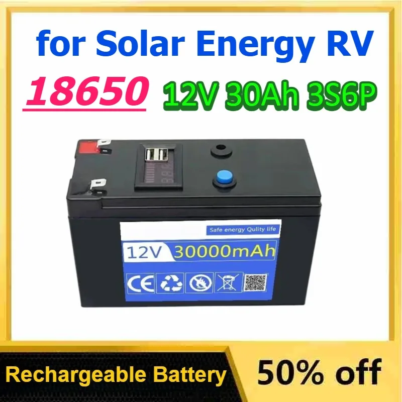 12V 30Ah 3S6P 18650 Rechargeable Lithium Battery Pack for Solar Energy RV Power Supply Stroller Battery with BMS 12.6V Charger