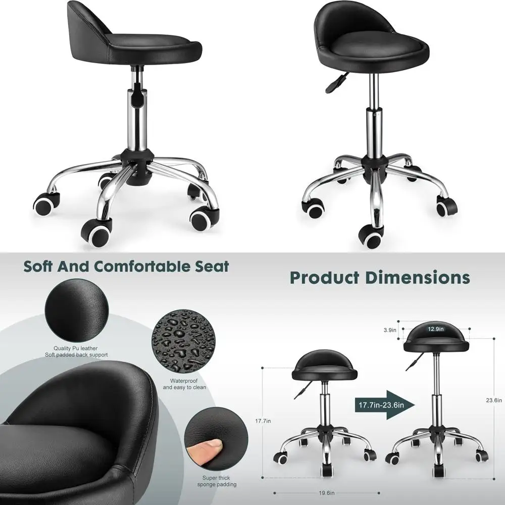 

Adjustable Height Swivel Stool with Wheels and Backrest, Black