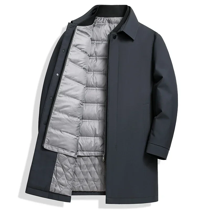 Mid-Length Warm Duck Down Liner Windbreaker Jackets 2025 Winter Men's Outwear Casual Solid Top Puffer Coat Thick Zipper Overcoat