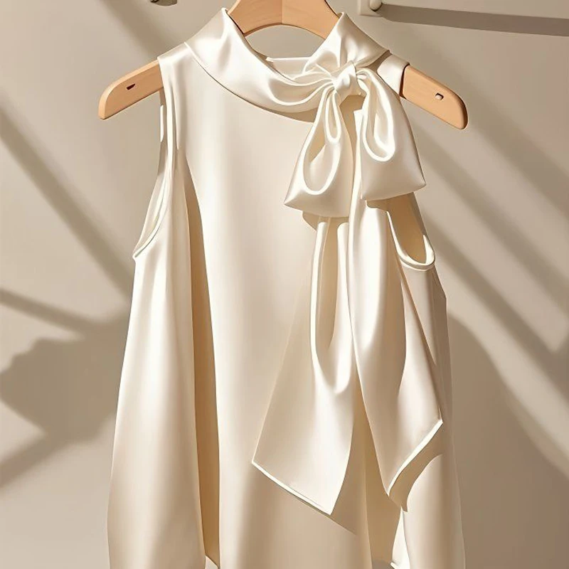 بلوزة نسائية برقبة رسن 2026 صيفية بدون أكمام قميص أنيق من الساتان بعقدة على الموضة