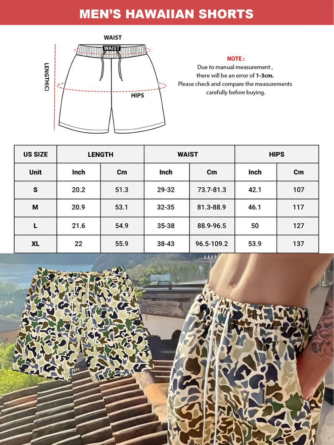 شورت رجالي بطبعة مموهة، شورت صيفي للشاطئ برباط، شورت رياضي مع جيوب