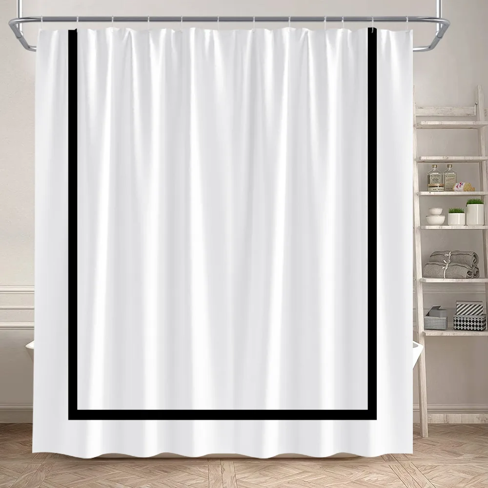 White Bathroom Shower Curtain Black Line Modern Minimalist Solid Colour Bath Curtains Polyester Fabric Bathroom Decor with Hooks