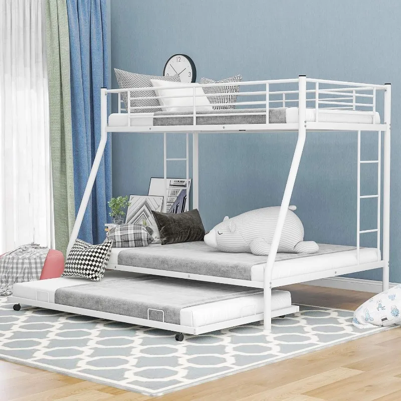 

Metal Bunk Beds Twin Over Full Size with 2 Ladder and Safety Guard Rails for Kids Teens Adults, Space-Saving Design