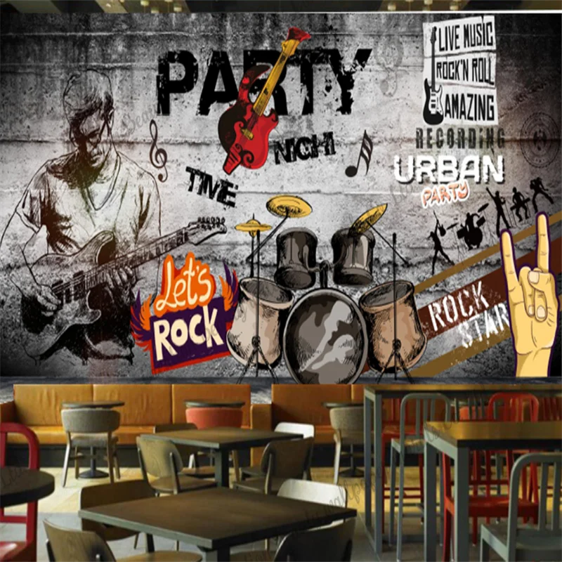 Customized Retro Rock Wallpaper Industrial Decor Mural Music Themed Restaurant Bar KTV Club Party Background Wall Paper