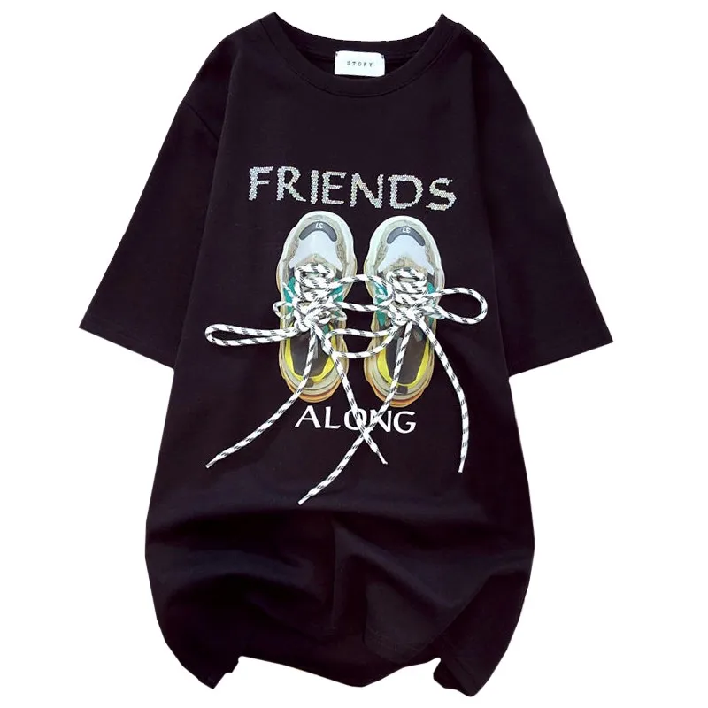 New Print Harajuku Shoes Straps Tees Summer Loose Women T Shirt Fashion Female Cotton Hot Drill Letters Fringds Tops Girl 2022