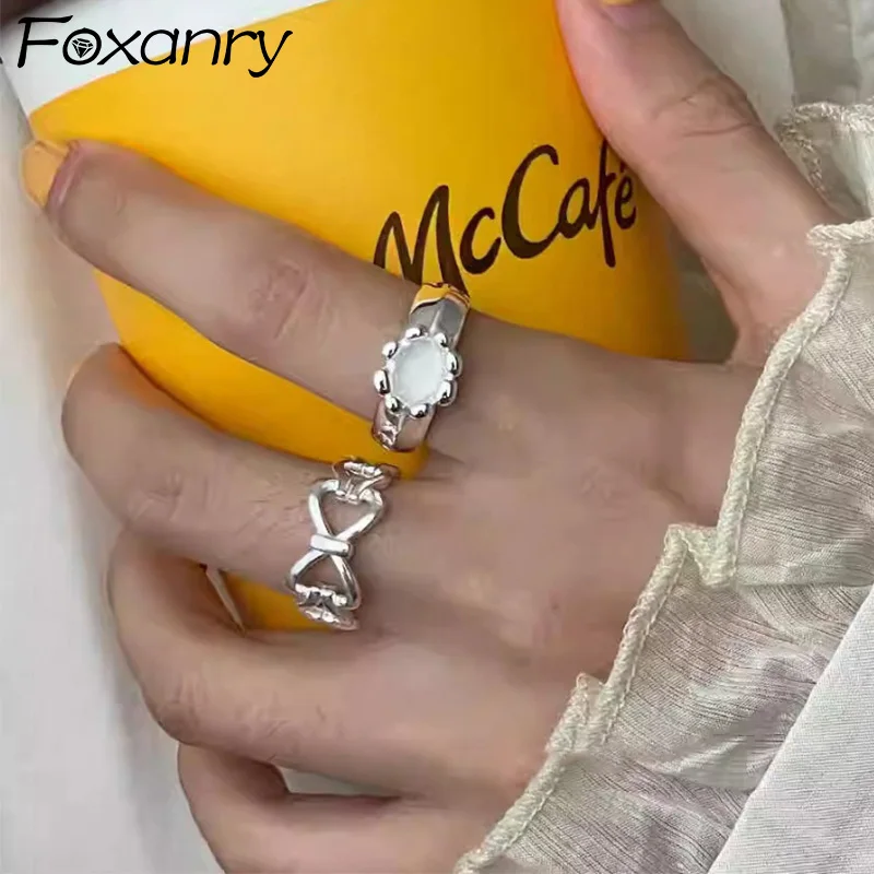 Foxanry Hollow Bowknot Opal Rings For Women Girls Korean Fashion Creative Sweet Simple Elegant Daily Party Jewelry Accessories